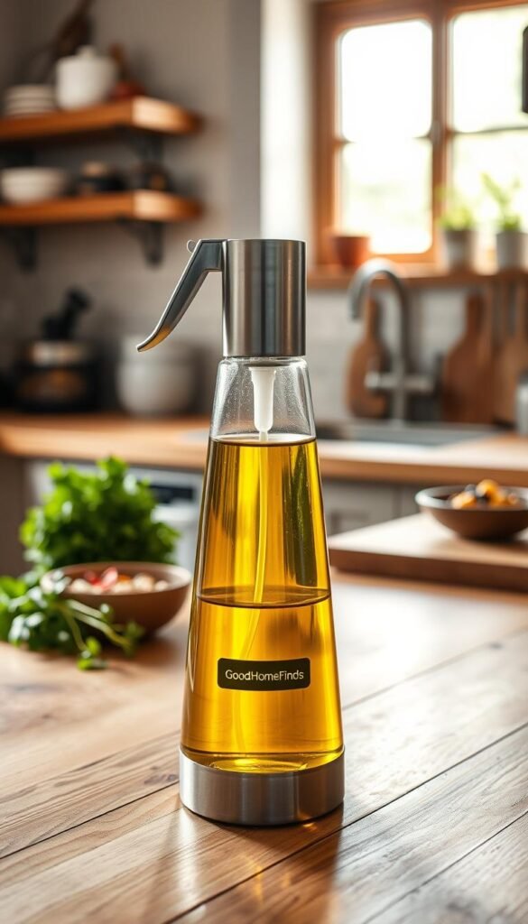 A sleek and modern oil sprayer sits elegantly on a wooden kitchen countertop, showcasing its stainless steel and transparent design. The sprayer is filled with golden olive oil, glistening under soft, natural lighting that streams in through a nearby window, creating a warm and inviting atmosphere. In the background, fresh herbs and a small bowl of assorted spices are artfully arranged, hinting at the culinary creativity ahead. A blurred view of a rustic, well-organized kitchen further emphasizes the setting, suggesting a homey vibe. The image is captured from a slightly elevated angle, allowing a clear focus on the sprayer while encompassing the surrounding kitchen elements. The branding "GoodHomeFinds" subtly appears on a label on the sprayer, suggesting quality and style in cooking accessories.