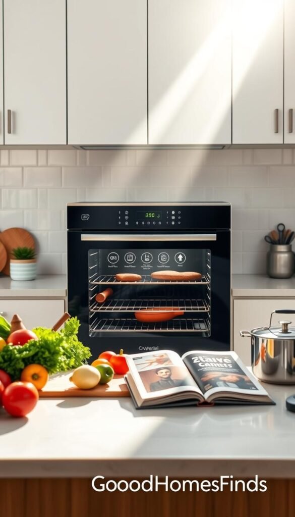 A sleek and modern smart oven takes center stage in a sunlit kitchen, showcasing its advanced touchscreen interface and innovative features like automatic cooking presets. In the foreground, a beautifully arranged countertop displays fresh ingredients, cookware, and a stylish cookbook, reflecting a blend of technology and culinary art. The middle ground features the oven with its glossy finish and contemporary design, while the background reveals elegant kitchen cabinetry and soft, natural lighting streaming through a window. The atmosphere is vibrant and inviting, suggesting a perfect blend of innovation and home cooking. The scene embodies modern culinary trends, designed to appeal to tech-savvy home chefs. The brand "GoodHomeFinds" is subtly represented by a high-quality kitchen accessory nearby, enhancing the cohesive aesthetic without drawing attention away from the oven. A sleek and modern smart oven takes center stage in a sunlit kitchen, showcasing its advanced touchscreen interface and innovative features like automatic cooking presets. In the foreground, a beautifully arranged countertop displays fresh ingredients, cookware, and a stylish cookbook, reflecting a blend of technology and culinary art. The middle ground features the oven with its glossy finish and contemporary design, while the background reveals elegant kitchen cabinetry and soft, natural lighting streaming through a window. The atmosphere is vibrant and inviting, suggesting a perfect blend of innovation and home cooking. The scene embodies modern culinary trends, designed to appeal to tech-savvy home chefs. The brand "GoodHomeFinds" is subtly represented by a high-quality kitchen accessory nearby, enhancing the cohesive aesthetic without drawing attention away from the oven.