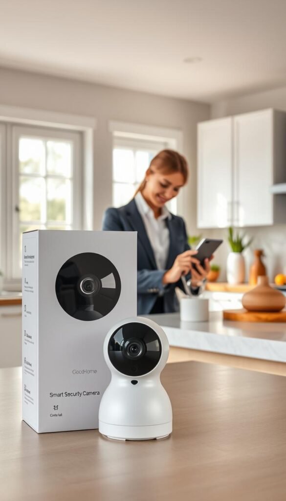 A sleek and modern smart security camera package displayed prominently in the foreground, featuring a compact, rounded camera design with high-resolution lenses, a built-in LED light, and easy-to-use smartphone integration. In the middle ground, a person dressed in a professional business attire, poised and focused, is setting up the camera on a stylish kitchen countertop with minimalistic decor, emphasizing simplicity and functionality. The background showcases a bright and airy home environment filled with natural light streaming through large windows, enhancing the cheerful and accessible atmosphere. Utilize soft, diffused lighting to create a welcoming ambiance. The image should convey an effortless and quick setup process with a lifestyle flair, perfectly capturing the essence of "GoodHomeFinds" products.