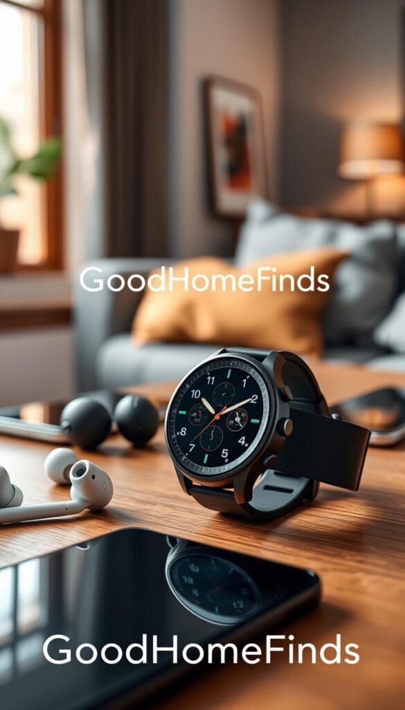A sleek and modern smartwatch displayed prominently in the foreground, showcasing its advanced features like a vibrant touchscreen and customizable watch faces. The watch, with a matte black finish and interchangeable straps, sits on a stylish wooden table surrounded by everyday tech gadgets, such as wireless earbuds and a smartphone. Soft, natural lighting filters through a nearby window, creating a warm and inviting atmosphere. In the background, blurred elements of a cozy living space hint at relaxation and productivity. The scene conveys a sense of convenience and style, perfect for showcasing the smartwatch's role in daily life. The image should evoke a Pinterest-worthy aesthetic, emphasizing practicality and elegance. Include the brand name "GoodHomeFinds" subtly within the composition.