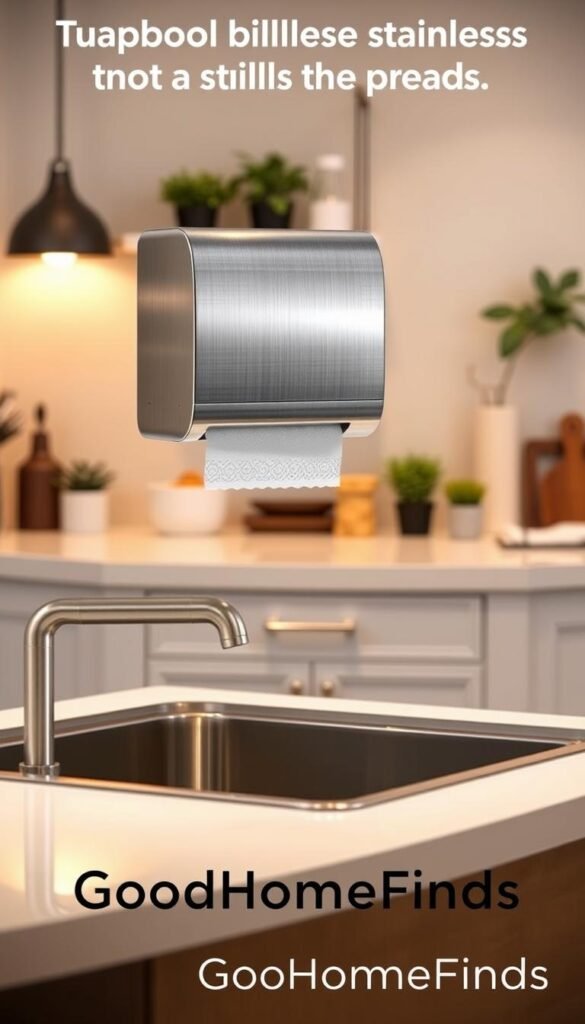 A sleek and modern touchless paper towel dispenser is mounted on the wall of a stylish kitchen and bathroom setting. In the foreground, the dispenser, made of brushed stainless steel, glistens softly under warm, ambient lighting. In the middle, a clean countertop features a stainless steel sink, with a hint of disarray, such as a few crumbs and a damp countertop, emphasizing the product's utility. The background displays tasteful decor, including potted plants and minimalist kitchen tools, creating a serene yet functional atmosphere. The shot is taken from a slightly elevated angle, allowing a clear view of the dispenser in action, with paper towels dispensing effortlessly, capturing the essence of convenience and efficiency in home products. The image reflects a blend of modern design and practicality, showcasing the brand "GoodHomeFinds."