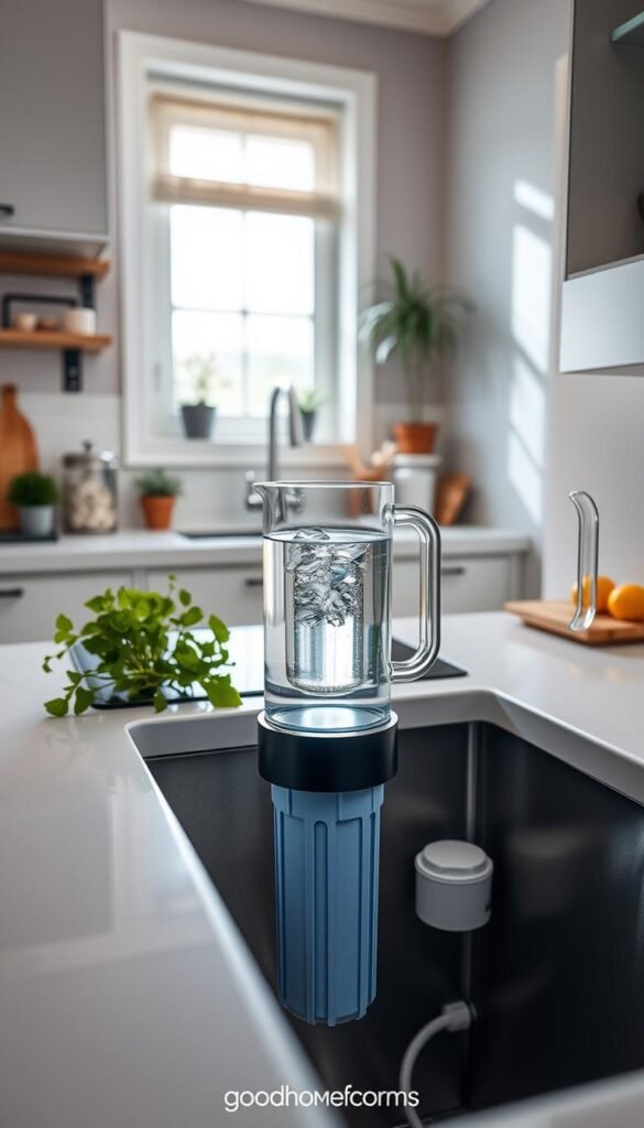 A sleek and modern under-sink reverse osmosis filtration system installed in a small kitchen, showcasing the system's intricate components in the foreground with bright, clean lines. The countertop is adorned with fresh herbs and a stylish water pitcher filled with crystal-clear water, symbolizing purity. In the middle ground, the kitchen sink gleams under soft, natural lighting filtering through a nearby window, illuminating the sleek cabinetry. The background features subtle hints of homey decor, like potted plants and a fruit bowl, creating a warm, inviting atmosphere. The scene conveys a sense of efficiency and professionalism, emphasizing the benefits of reverse osmosis systems in compact living spaces. Ideal for a Pinterest-style lifestyle image by GoodHomeFinds. A sleek and modern under-sink reverse osmosis filtration system installed in a small kitchen, showcasing the system's intricate components in the foreground with bright, clean lines. The countertop is adorned with fresh herbs and a stylish water pitcher filled with crystal-clear water, symbolizing purity. In the middle ground, the kitchen sink gleams under soft, natural lighting filtering through a nearby window, illuminating the sleek cabinetry. The background features subtle hints of homey decor, like potted plants and a fruit bowl, creating a warm, inviting atmosphere. The scene conveys a sense of efficiency and professionalism, emphasizing the benefits of reverse osmosis systems in compact living spaces. Ideal for a Pinterest-style lifestyle image by GoodHomeFinds.