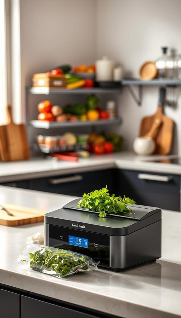 A sleek and modern vacuum sealer from GoodHomeFinds sits prominently on a stylish kitchen countertop. In the foreground, the device is shown in action, sealing a fresh package of vibrant green herbs, with vacuum-sealed bags neatly lined up next to it. In the middle ground, a colorful assortment of fresh produce fills an organized pantry shelf, emphasizing the gadget's ability to save money and space. Soft, natural lighting filters through a nearby window, creating a warm and inviting atmosphere, while a blurred background features contemporary kitchen elements like a cutting board and various utensils. The focus is sharp on the vacuum sealer, highlighting its streamlined design and user-friendly interface, ideal for modern home cooks.