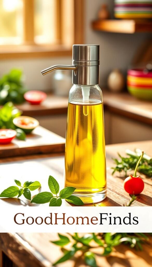 A sleek and stylish manual pump olive oil dispenser with a glass body and a polished stainless-steel nozzle, elegantly situated on a rustic wooden kitchen countertop. The dispenser is filled with golden-green olive oil, reflecting soft, warm natural light that enhances its rich color. In the foreground, there are fresh herbs like basil and rosemary, creating a vibrant culinary ambiance. The background showcases blurred kitchen elements, such as a cutting board with sliced tomatoes and a set of colorful ceramic bowls. The scene is captured with a shallow depth of field to accentuate the olive oil dispenser as the focal point, evoking a cozy and inviting atmosphere ideal for cooking enthusiasts. The brand name "GoodHomeFinds" subtly integrated into the design.