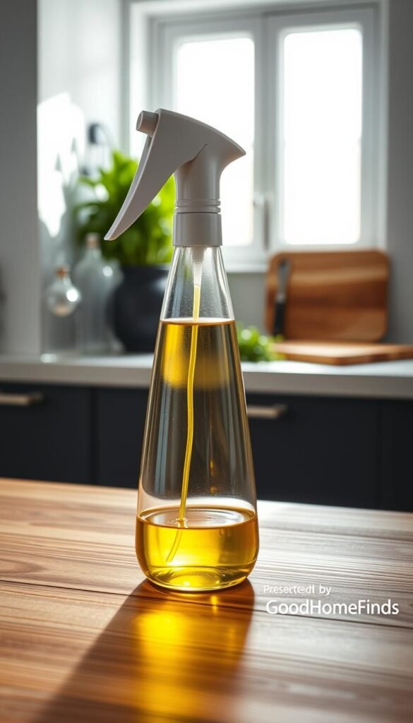 A sleek and stylish oil sprayer sits elegantly on a modern kitchen countertop, emphasizing functionality and design. The sprayer features a transparent body showcasing the golden hue of olive oil inside, while the nozzle is designed to prevent over-pouring, ensuring precise application. In the background, bright natural light filters through a nearby window, illuminating fresh herbs and a cutting board, capturing an inviting culinary atmosphere. The foreground is enhanced by a textured wooden surface that adds warmth to the scene. Soft shadows create depth, with a slight depth of field focus on the sprayer, giving the image a professional look. This Pinterest-worthy setup embodies the essence of smart kitchen tools, presented by GoodHomeFinds.