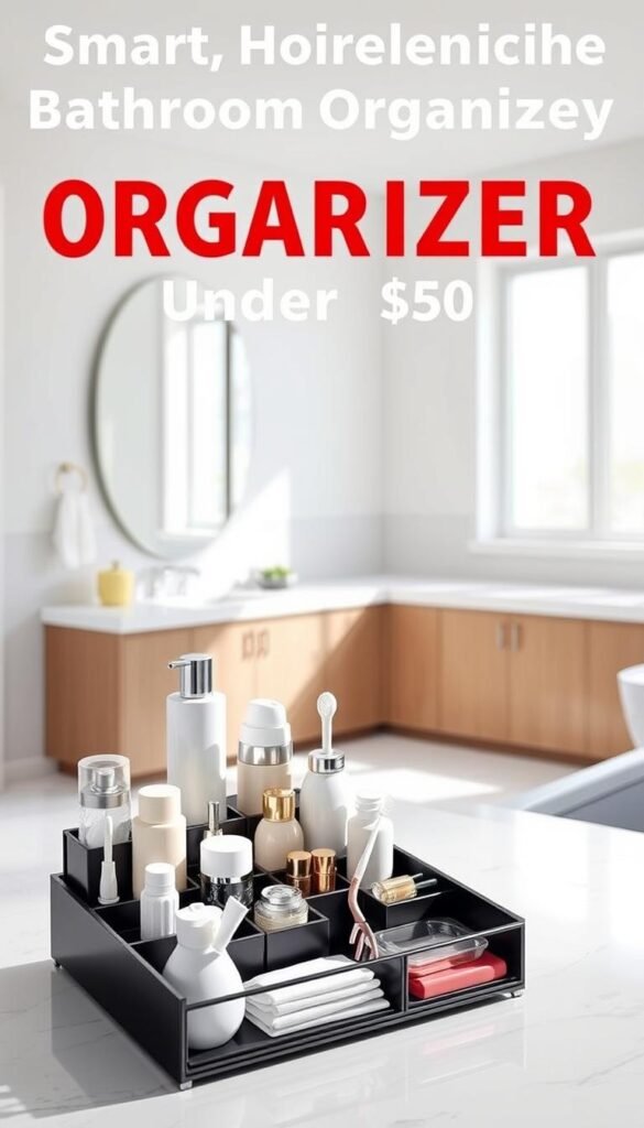 A sleek bathroom organizer caddy from GoodHomeFinds, elegantly designed with multiple compartments for efficient storage of toiletries, beauty products, and cleaning supplies. In the foreground, the caddy displays an assortment of neatly arranged items such as lotions, cotton swabs, and a toothbrush holder. The middle ground features a bright, modern bathroom vanity with marble countertops and stylish fixtures, creating a clean and inviting atmosphere. In the background, soft natural light filters through a frosted window, casting gentle shadows that enhance the minimalist aesthetic. The overall mood is fresh and organized, illustrating a morning routine that promotes a sense of calm and order, perfect for a smart upgrade under $50. A sleek bathroom organizer caddy from GoodHomeFinds, elegantly designed with multiple compartments for efficient storage of toiletries, beauty products, and cleaning supplies. In the foreground, the caddy displays an assortment of neatly arranged items such as lotions, cotton swabs, and a toothbrush holder. The middle ground features a bright, modern bathroom vanity with marble countertops and stylish fixtures, creating a clean and inviting atmosphere. In the background, soft natural light filters through a frosted window, casting gentle shadows that enhance the minimalist aesthetic. The overall mood is fresh and organized, illustrating a morning routine that promotes a sense of calm and order, perfect for a smart upgrade under $50.