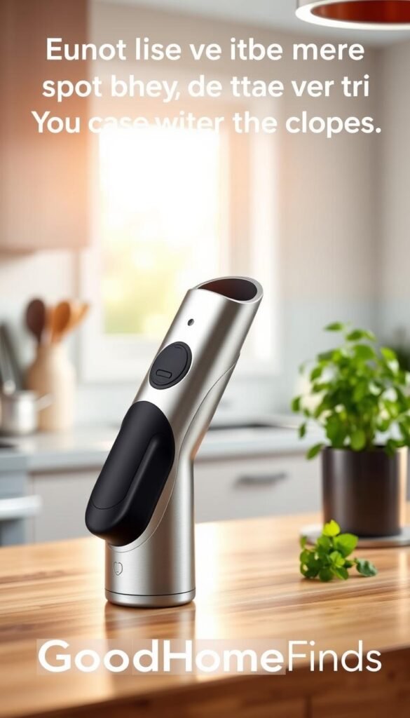 A sleek, compact electric can opener designed for ease of use in tight spaces, featuring a stainless steel finish and ergonomic grip. The can opener is positioned prominently in the foreground, with a blurred kitchen countertop in the middle, showcasing a modern kitchen environment. Soft, natural lighting streams in from a nearby window, creating a warm and inviting atmosphere. The background captures a hint of an organized kitchen with a few carefully placed cooking utensils and a potted herb plant, enhancing the lifestyle feel. The image exudes practicality and elegance, embodying the essence of a modern kitchen helper. The branding "GoodHomeFinds" is subtly integrated into the scene, enhancing the overall composition.