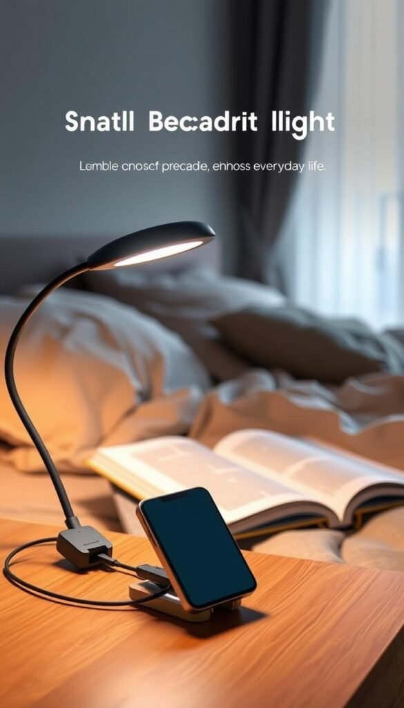 A sleek, compact phone reading light from the brand GoodHomeFinds, featuring a flexible, adjustable arm that allows for easy positioning. In the foreground, the light is elegantly clipped onto a minimalist wooden bedside table, highlighting its contemporary design. The middle ground showcases a warm, inviting scene with a cozy, slightly rumpled bed and a stylish book laid open, inviting the viewer to relax. Soft, ambient lighting casts a gentle glow on the light, creating an atmosphere of tranquility and comfort. In the background, a blurred-out window lets in soft natural light, indicating early evening. The overall mood is calm and practical, perfect for illustrating small tech that enhances everyday life. No text or watermarks are included.