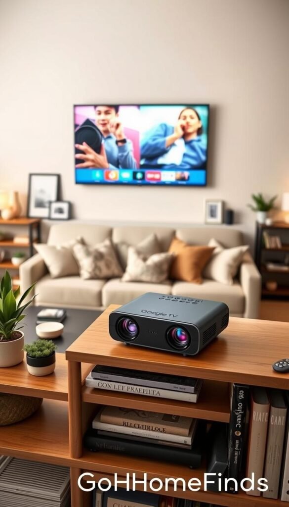 A sleek, compact projector featuring Google TV sits prominently on a stylish bookshelf in a modern living room. In the foreground, the projector shines a vibrant image onto a smooth white wall, showcasing vivid colors and sharp details. Surrounding it are cozy decorative items such as potted plants and minimalist picture frames. The middle of the scene features a comfortable, inviting sofa adorned with soft throw pillows, creating a welcoming atmosphere. The background reveals a gently lit room with warm, ambient lighting, enhancing the mood for an entertaining experience. The entire setup reflects effortless style and versatility, illustrating how easily this gadget can transform any space for entertainment. The brand "GoodHomeFinds" is subtly integrated into the scene without any text.