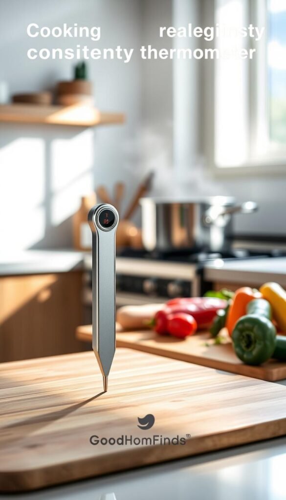 A sleek cooking consistency thermometer designed for home chefs, depicted in a modern kitchen setting. In the foreground, the thermometer stands prominently on a polished wooden cutting board, its shiny stainless steel body reflecting natural light. In the middle background, a stylish pot simmers on a stovetop, with vibrant vegetables artfully arranged around it, hinting at a culinary masterpiece in progress. Soft, diffused sunlight streams through a kitchen window, creating warm highlights and casting gentle shadows. The atmosphere feels inviting and functional, perfect for home cooking enthusiasts. The brand logo "GoodHomeFinds" subtly integrated into the scene, enhancing the lifestyle vibe. Capture the essence of practicality and elegance in this everyday kitchen tool.