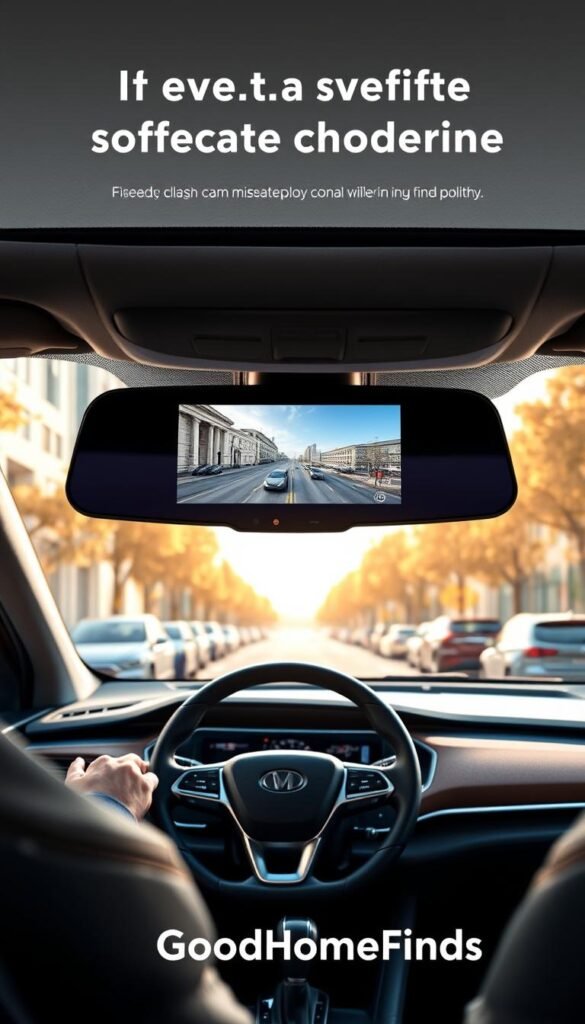 A sleek dashcam mirror display installed in a modern vehicle blends seamlessly with its interior design. The foreground showcases the reflective screen showing real-time footage of the road ahead, with clear details of a cityscape bathed in soft, natural light. In the middle ground, the dashboard features a stylish steering wheel and a high-tech interface, emphasizing a sense of advanced technology. The background captures a sunny street scene with vibrant trees and parked cars, enhancing the feeling of movement and visibility. The atmosphere is calm yet dynamic, suggesting a safe driving experience. The image embodies a lifestyle of modern convenience and safety, branded subtly with "GoodHomeFinds", inviting viewers to appreciate innovative car technologies.