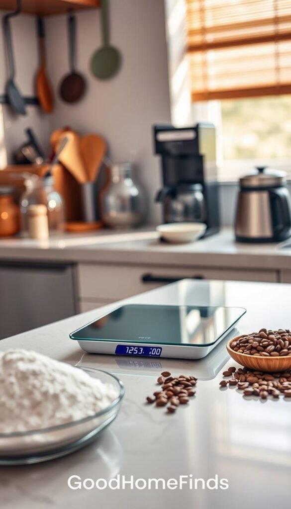 A sleek digital kitchen scale, ideal for baking and coffee, sits prominently on a modern kitchen countertop. The scale features an elegant glass surface with a bright digital display showing precise measurements in grams and ounces. In the foreground, a set of vibrant ingredients &ndash; flour, coffee beans, and sugar &ndash; are artfully arranged around the scale, emphasizing its utility for cooking accuracy. The middle background showcases stylish kitchen utensils and a cozy coffee maker, creating an inviting atmosphere. Soft, natural lighting streams in from a nearby window, casting gentle shadows and highlighting the details of the scale and ingredients. The overall mood is warm and inviting, perfect for a kitchen upgrade. The brand name &ldquo;GoodHomeFinds&rdquo; is subtly integrated into the design.