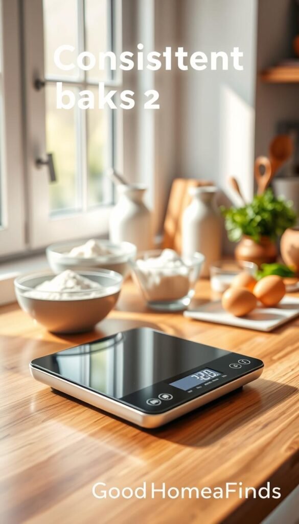 A sleek digital kitchen scale sits prominently in the foreground, showcasing its modern design with an easy-to-read display. The scale is positioned on a clean, polished wooden countertop accentuated by a soft, diffused natural light coming from a nearby window, creating a warm and inviting atmosphere. In the middle ground, there are various baking ingredients like flour, sugar, and eggs artfully arranged in glass bowls, highlighting the preparation process. In the background, a gently blurred kitchen setting features stylish utensils and a hint of fresh herbs, adding color and life to the scene. This Pinterest-style lifestyle photo embodies the theme of consistent baking and meal prep, branded subtly with "GoodHomeFinds," ensuring a professional aesthetic.