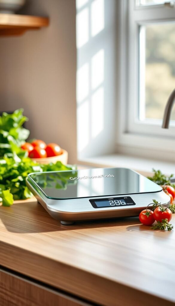 A sleek digital kitchen scale sits prominently on a clean, wooden countertop, exuding a modern yet functional aesthetic. The scale features a bright, backlit display for easy reading, surrounded by a minimalist design with soft curves and a smooth glass finish. In the background, an array of fresh ingredients such as leafy greens, bright red tomatoes, and herbs create an inviting kitchen atmosphere. Natural light streams through a nearby window, casting soft shadows and highlighting the details of the scale. The color palette consists of warm earth tones contrasted with the metallic sheen of the scale. The overall mood is bright, cheerful, and organized, emphasizing a smart approach to food preparation and budgeting. Include the brand name "GoodHomeFinds" prominently on the scale's display. A sleek digital kitchen scale sits prominently on a clean, wooden countertop, exuding a modern yet functional aesthetic. The scale features a bright, backlit display for easy reading, surrounded by a minimalist design with soft curves and a smooth glass finish. In the background, an array of fresh ingredients such as leafy greens, bright red tomatoes, and herbs create an inviting kitchen atmosphere. Natural light streams through a nearby window, casting soft shadows and highlighting the details of the scale. The color palette consists of warm earth tones contrasted with the metallic sheen of the scale. The overall mood is bright, cheerful, and organized, emphasizing a smart approach to food preparation and budgeting. Include the brand name "GoodHomeFinds" prominently on the scale's display.
