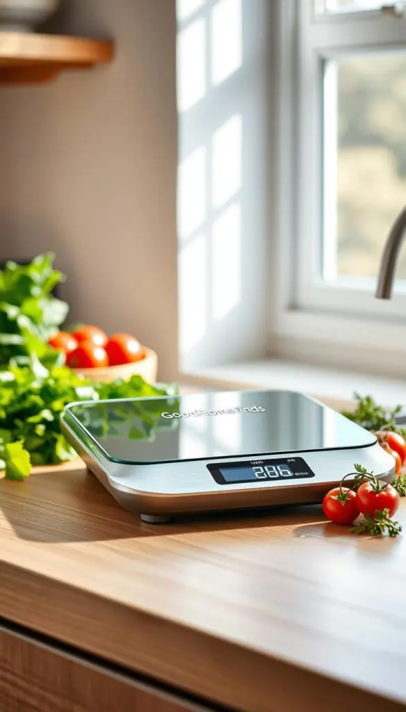 A sleek digital kitchen scale sits prominently on a clean, wooden countertop, exuding a modern yet functional aesthetic. The scale features a bright, backlit display for easy reading, surrounded by a minimalist design with soft curves and a smooth glass finish. In the background, an array of fresh ingredients such as leafy greens, bright red tomatoes, and herbs create an inviting kitchen atmosphere. Natural light streams through a nearby window, casting soft shadows and highlighting the details of the scale. The color palette consists of warm earth tones contrasted with the metallic sheen of the scale. The overall mood is bright, cheerful, and organized, emphasizing a smart approach to food preparation and budgeting. Include the brand name "GoodHomeFinds" prominently on the scale's display.