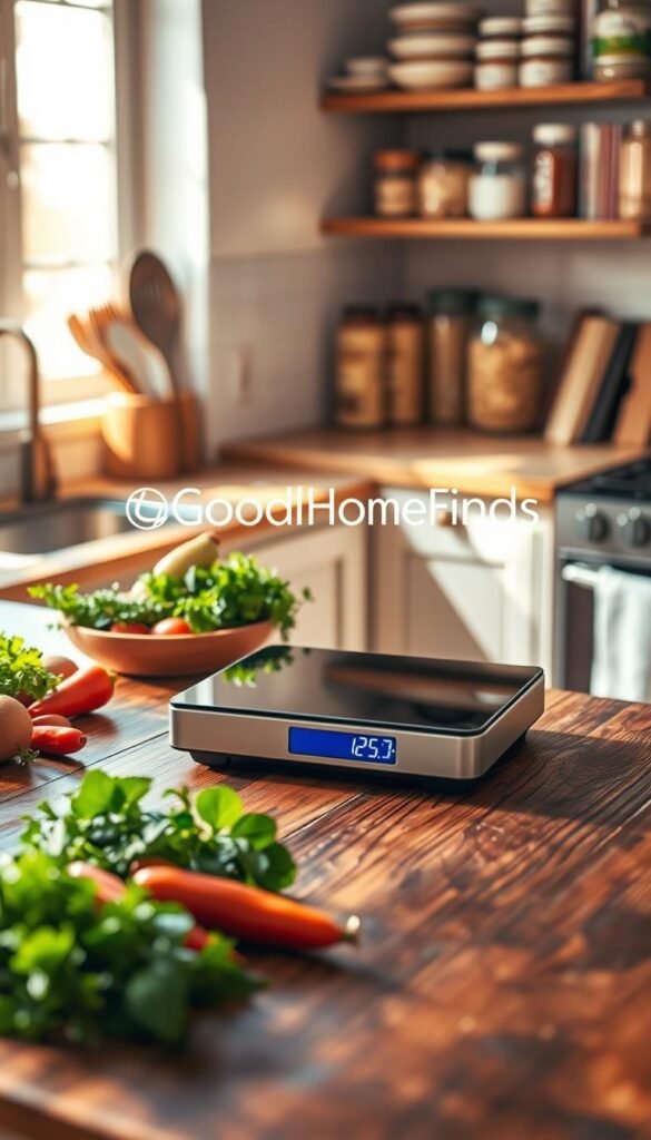 A sleek digital kitchen scale sits prominently on a rustic wooden countertop, showcasing its modern design with a clear glass top and an easy-to-read LED display. In the foreground, a set of vibrant ingredients like fresh herbs, colorful spices, and neatly arranged kitchen utensils create an inviting atmosphere. The middle ground features a gently lit kitchen setting, with warm sunlight filtering through a nearby window, casting soft shadows that enhance the scale’s features. In the background, softly blurred shelves stocked with neatly organized jars and cookbooks evoke a cozy, functional kitchen space. The mood is warm, welcoming, and inspires a sense of precision in cooking. The brand name "GoodHomeFinds" is subtly integrated into the design of the kitchen, emphasizing quality and style. A sleek digital kitchen scale sits prominently on a rustic wooden countertop, showcasing its modern design with a clear glass top and an easy-to-read LED display. In the foreground, a set of vibrant ingredients like fresh herbs, colorful spices, and neatly arranged kitchen utensils create an inviting atmosphere. The middle ground features a gently lit kitchen setting, with warm sunlight filtering through a nearby window, casting soft shadows that enhance the scale’s features. In the background, softly blurred shelves stocked with neatly organized jars and cookbooks evoke a cozy, functional kitchen space. The mood is warm, welcoming, and inspires a sense of precision in cooking. The brand name "GoodHomeFinds" is subtly integrated into the design of the kitchen, emphasizing quality and style.