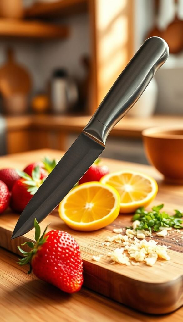 A sleek, high-quality paring knife with a sharp, stainless steel blade, elegantly displayed on a polished wooden cutting board. In the foreground, there are fresh strawberries, citrus slices, and finely minced garlic, emphasizing the knife's ability to handle quick, precise tasks. The knife's ergonomic handle is prominently featured, showcasing its comfortable grip. Soft, natural lighting illuminates the scene, creating a warm, inviting atmosphere. The background consists of a softly blurred kitchen environment, hinting at a cozy culinary space. Captured with a shallow depth of field, the focus remains on the knife and fresh ingredients. This realistic, Pinterest-style lifestyle photo embodies everyday kitchen essentials. GoodHomeFinds. A sleek, high-quality paring knife with a sharp, stainless steel blade, elegantly displayed on a polished wooden cutting board. In the foreground, there are fresh strawberries, citrus slices, and finely minced garlic, emphasizing the knife's ability to handle quick, precise tasks. The knife's ergonomic handle is prominently featured, showcasing its comfortable grip. Soft, natural lighting illuminates the scene, creating a warm, inviting atmosphere. The background consists of a softly blurred kitchen environment, hinting at a cozy culinary space. Captured with a shallow depth of field, the focus remains on the knife and fresh ingredients. This realistic, Pinterest-style lifestyle photo embodies everyday kitchen essentials. GoodHomeFinds.