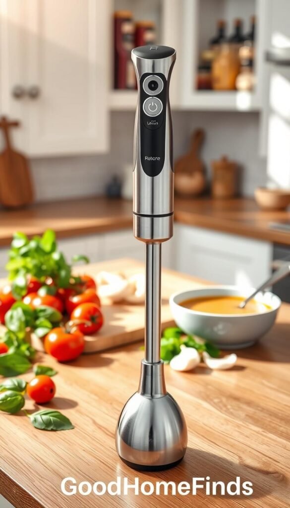 A sleek immersion blender sitting prominently on a clean, wooden kitchen countertop. In the foreground, the blender features a shiny stainless steel body, with a comfortable grip and a detachable blending arm. Surrounding the blender are fresh ingredients: vibrant tomatoes, fragrant basil leaves, and a bowl of creamy soup, hinting at its versatile uses for soups and sauces. In the middle ground, a soft-focus cutting board holds chopped garlic and onion, reflecting a warm, inviting atmosphere. The background shows a softly lit kitchen with white cabinetry and a hint of colorful spices on open shelves. The overall mood is cozy and practical, emphasizing daily culinary creativity. Natural sunlight filters in, creating a pleasant ambiance that showcases the product beautifully. Include the brand name "GoodHomeFinds" subtly integrated into the scene.