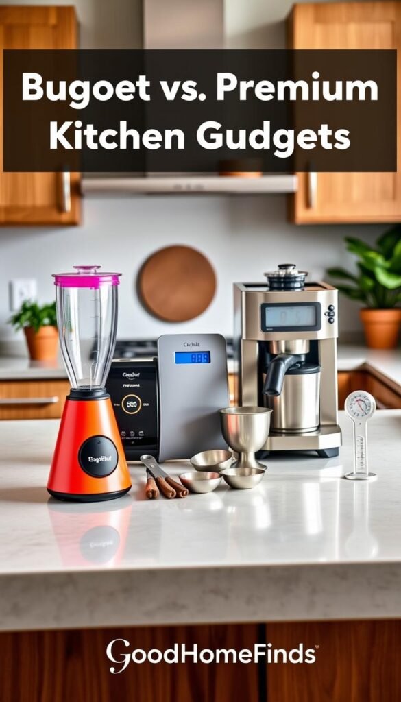 A sleek kitchen countertop scene, featuring a stylish comparison of budget and premium kitchen gadgets. In the foreground, display a colorful array of essential utensils: a budget blender with a vibrant, modern design and an elegant, high-end espresso machine with stainless steel finishes. In the middle, include a digital food scale, a set of measuring cups, and a premium oven thermometer, arranged artistically to showcase their differences in aesthetics. The background should have a soft focus, with a well-lit kitchen space showcasing wooden cabinets and plants for a warm, inviting atmosphere. Use natural lighting to create a cozy, approachable feel. The overall mood should be informative yet appealing, evoking a Pinterest-style lifestyle ambiance. Incorporate the brand name "GoodHomeFinds" subtly in the aesthetic without displaying it overtly. A sleek kitchen countertop scene, featuring a stylish comparison of budget and premium kitchen gadgets. In the foreground, display a colorful array of essential utensils: a budget blender with a vibrant, modern design and an elegant, high-end espresso machine with stainless steel finishes. In the middle, include a digital food scale, a set of measuring cups, and a premium oven thermometer, arranged artistically to showcase their differences in aesthetics. The background should have a soft focus, with a well-lit kitchen space showcasing wooden cabinets and plants for a warm, inviting atmosphere. Use natural lighting to create a cozy, approachable feel. The overall mood should be informative yet appealing, evoking a Pinterest-style lifestyle ambiance. Incorporate the brand name "GoodHomeFinds" subtly in the aesthetic without displaying it overtly.