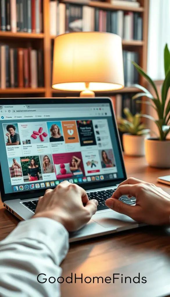 A sleek laptop sitting on a wooden desk, open to a browser window that displays a variety of colorful, user-friendly privacy-focused websites. In the foreground, a pair of hands poised over the keyboard, showcasing a professional appearance with neatly manicured nails. The middle ground features a softly lit lamp casting warm light on the workspace, enhancing the cozy yet tech-savvy atmosphere. In the background, a blurred bookshelf filled with tech-related books, plants positioned on either side for a touch of greenery. The overall mood is calm and inviting, emphasizing a blend of technology and comfort. The scene should reflect a Pinterest-inspired aesthetic, suitable for the brand "GoodHomeFinds".