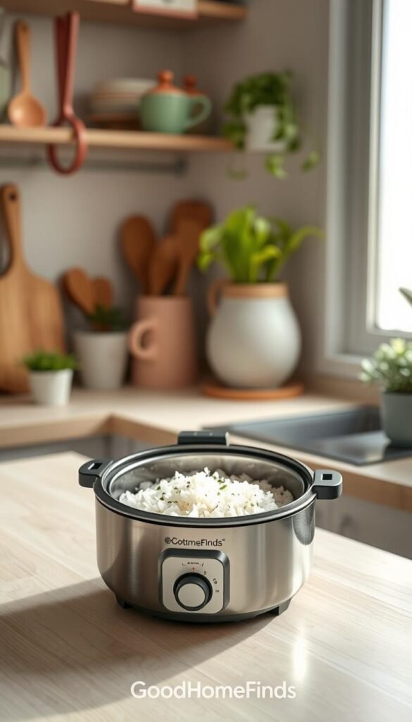 A sleek mini rice cooker sits on a light-colored wooden kitchen counter, showcasing its modern design with a stainless steel finish and a compact, rounded shape. The cooker is open, revealing perfectly cooked fluffy rice, with a sprinkle of green herbs on top for a pop of color. In the background, soft-focus elements of a cozy kitchen environment with pastel-colored utensils and potted herbs create a warm and inviting atmosphere. Natural daylight pours in through a nearby window, illuminating the scene with a gentle glow, enhancing the textures of the rice cooker and the countertop. This realistic, Pinterest-style image captures the essence of value and functionality, emphasizing the brand "GoodHomeFinds" subtly in the design.