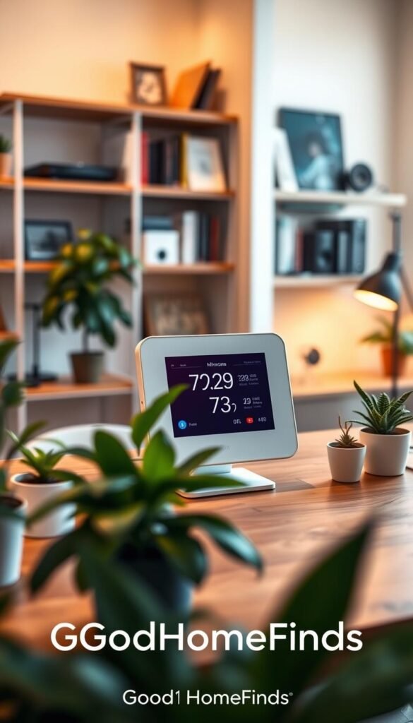 A sleek, modern AirGradient ONE monitor prominently displayed on a wooden desk, showcasing its vibrant LCD screen actively displaying air quality metrics. The foreground features the monitor surrounded by potted plants, reflecting a healthy home ambiance. In the middle, the monitor stands out with its minimalistic design, featuring a white casing and a touch of green on the display, while soft, warm lighting illuminates the scene to create an inviting atmosphere. The background reveals a softly blurred home office setting, with shelves lined with books and gadgets that enhance the smart home lifestyle. The overall mood is calming, emphasizing the importance of air quality in a modern living space. The brand "GoodHomeFinds" is subtly integrated into the display without any text or overlays. A sleek, modern AirGradient ONE monitor prominently displayed on a wooden desk, showcasing its vibrant LCD screen actively displaying air quality metrics. The foreground features the monitor surrounded by potted plants, reflecting a healthy home ambiance. In the middle, the monitor stands out with its minimalistic design, featuring a white casing and a touch of green on the display, while soft, warm lighting illuminates the scene to create an inviting atmosphere. The background reveals a softly blurred home office setting, with shelves lined with books and gadgets that enhance the smart home lifestyle. The overall mood is calming, emphasizing the importance of air quality in a modern living space. The brand "GoodHomeFinds" is subtly integrated into the display without any text or overlays.