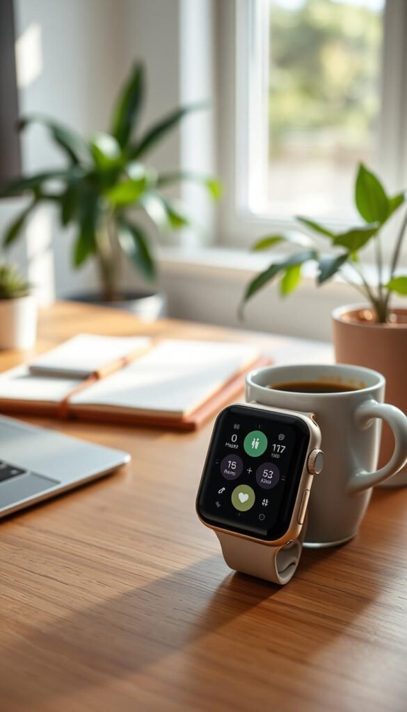 A sleek, modern Apple Watch positioned prominently in the foreground on a stylish wooden desk, showcasing its vibrant display and minimalist design. The watch's screen glows softly, displaying various health metrics and notifications in a clear, user-friendly layout. In the middle ground, a cozy workspace setting includes a beautifully arranged notepad and a cup of coffee, indicating productivity and a balanced lifestyle. The background features a softly blurred view of a sunlit room, with plants that add a touch of warmth and tranquility. A gentle, natural light filters through a window, creating a cheerful and inviting atmosphere. The mood is fresh and contemporary, ideal for showcasing everyday gadgets in action. This image should radiate a sense of purpose and sophistication, reflecting how smartwatches like the Apple Watch enhance modern living. GoodHomeFinds. A sleek, modern Apple Watch positioned prominently in the foreground on a stylish wooden desk, showcasing its vibrant display and minimalist design. The watch's screen glows softly, displaying various health metrics and notifications in a clear, user-friendly layout. In the middle ground, a cozy workspace setting includes a beautifully arranged notepad and a cup of coffee, indicating productivity and a balanced lifestyle. The background features a softly blurred view of a sunlit room, with plants that add a touch of warmth and tranquility. A gentle, natural light filters through a window, creating a cheerful and inviting atmosphere. The mood is fresh and contemporary, ideal for showcasing everyday gadgets in action. This image should radiate a sense of purpose and sophistication, reflecting how smartwatches like the Apple Watch enhance modern living. GoodHomeFinds.