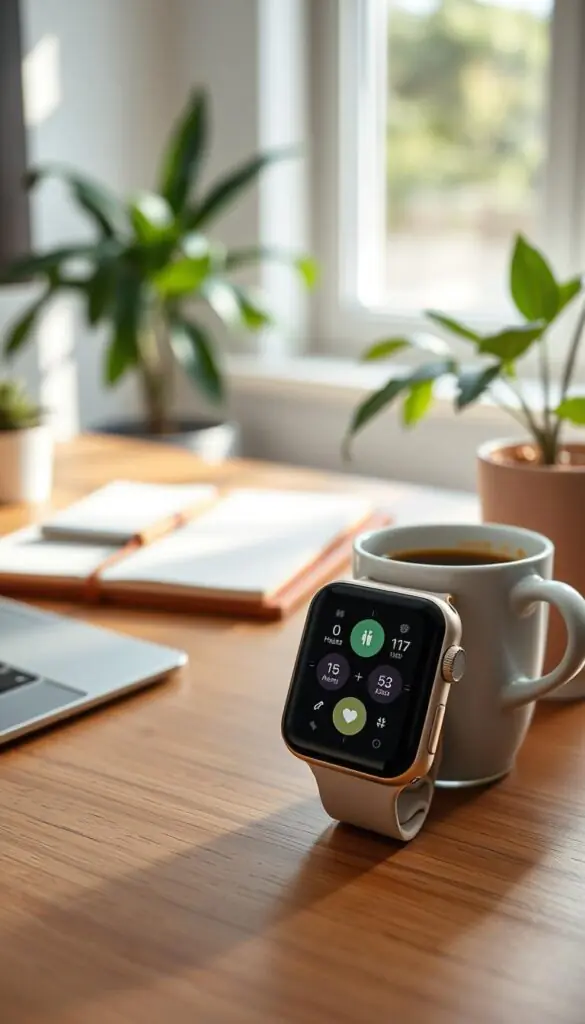 A sleek, modern Apple Watch positioned prominently in the foreground on a stylish wooden desk, showcasing its vibrant display and minimalist design. The watch's screen glows softly, displaying various health metrics and notifications in a clear, user-friendly layout. In the middle ground, a cozy workspace setting includes a beautifully arranged notepad and a cup of coffee, indicating productivity and a balanced lifestyle. The background features a softly blurred view of a sunlit room, with plants that add a touch of warmth and tranquility. A gentle, natural light filters through a window, creating a cheerful and inviting atmosphere. The mood is fresh and contemporary, ideal for showcasing everyday gadgets in action. This image should radiate a sense of purpose and sophistication, reflecting how smartwatches like the Apple Watch enhance modern living. GoodHomeFinds.