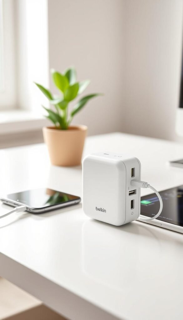 A sleek, modern Belkin Boost Charge Pro 45W Dual USB-C charger, prominently displayed in the foreground, showcasing its elegant design with two USB-C ports. The charger is placed on a clean, minimalist desk alongside a stylish smartphone and tablet, both indicating they are charging. In the background, a softly blurred home office setting features a potted plant and a soft light streaming in from a window, creating a warm and inviting atmosphere. Capture the image with a low-angle shot to emphasize the charger, using soft, natural lighting to highlight its sleek finish. Ensure the focus remains on the product, reflecting a lifestyle vibe suitable for tech enthusiasts. The brand name "GoodHomeFinds" should be subtly integrated into the composition, enhancing the overall professional look.
