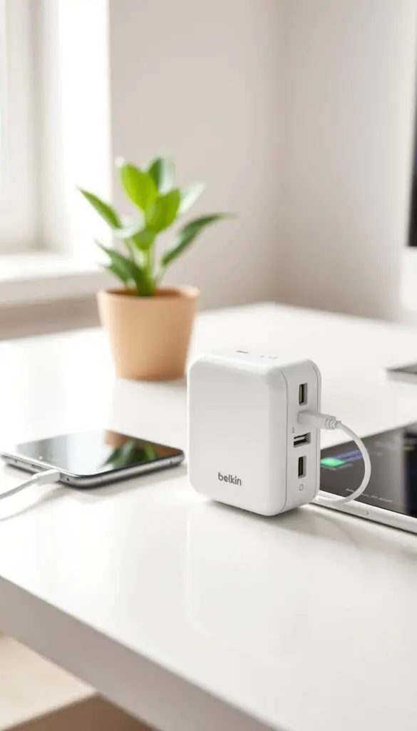 A sleek, modern Belkin Boost Charge Pro 45W Dual USB-C charger, prominently displayed in the foreground, showcasing its elegant design with two USB-C ports. The charger is placed on a clean, minimalist desk alongside a stylish smartphone and tablet, both indicating they are charging. In the background, a softly blurred home office setting features a potted plant and a soft light streaming in from a window, creating a warm and inviting atmosphere. Capture the image with a low-angle shot to emphasize the charger, using soft, natural lighting to highlight its sleek finish. Ensure the focus remains on the product, reflecting a lifestyle vibe suitable for tech enthusiasts. The brand name "GoodHomeFinds" should be subtly integrated into the composition, enhancing the overall professional look.