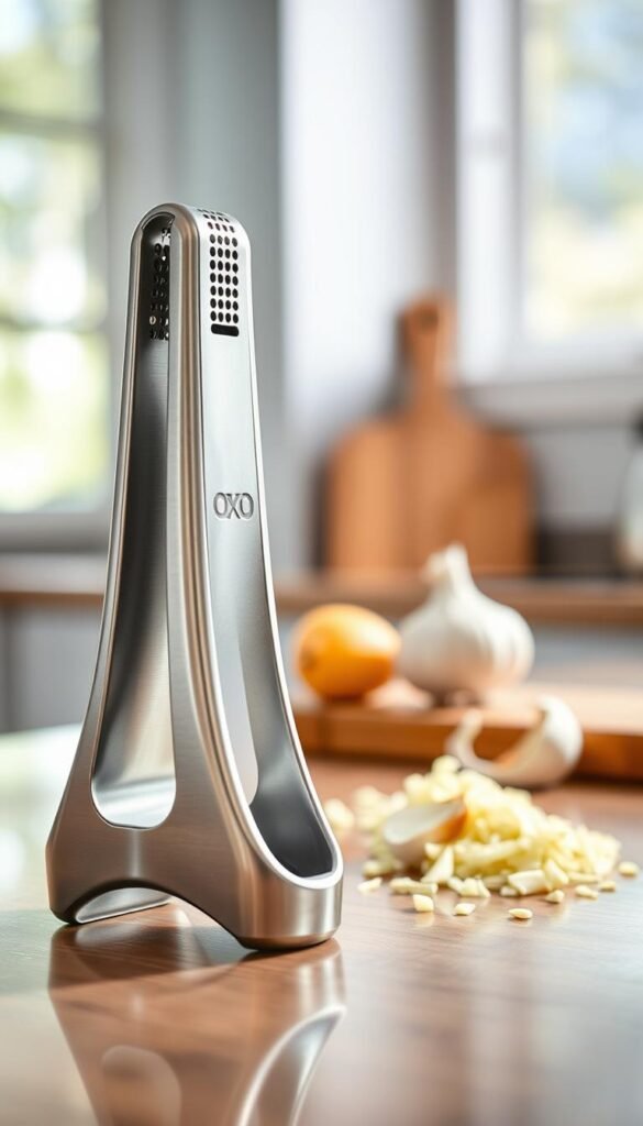 A sleek, modern OXO Easy-to-Clean Garlic Press sits prominently in the foreground, showcasing its polished stainless steel finish and ergonomic design. The press is positioned at a slight angle to highlight its unique functionality, capturing the subtle details of the perforated chamber. In the middle, a few cloves of garlic and a small pile of minced garlic are artistically arranged, suggesting its use. The background features a softly blurred kitchen counter with natural light filtering in from a window, creating a warm and inviting atmosphere. The image invokes a sense of practicality and elegance, ideal for a lifestyle showcase. High-resolution, bright lighting emphasizes the textures and colors, evoking a clean and contemporary kitchen aesthetic. This scene is designed to resonate with home cooks seeking efficient tools. GoodHomeFinds.