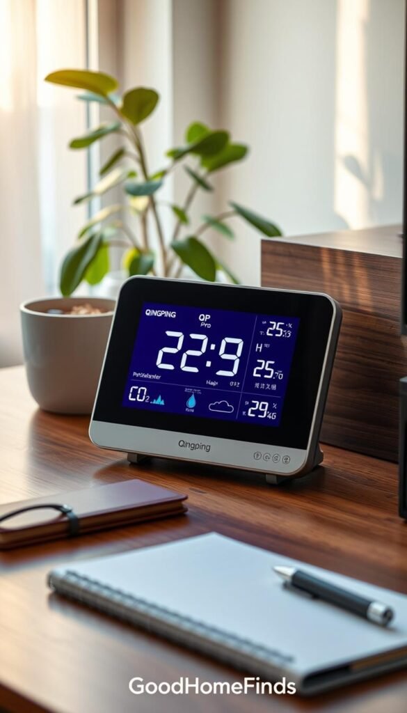 A sleek, modern Qingping QP Pro air quality monitor displayed prominently on a stylish wooden desk, with a soft-focus indoor plant in the background to evoke a fresh and clean atmosphere. The monitor's sharp digital display shows vibrant readings for particulate matter, CO2, and humidity, illuminated by warm, natural sunlight streaming through a nearby window. The desk is adorned with minimalistic decor, such as a small notebook and a pen, enhancing the aesthetic without clutter. Capture the scene from a slight overhead angle to emphasize the monitor's design and functionality, fostering a professional yet inviting ambiance suitable for illustrating air quality gadgets in use. The overall mood is calm and informative, highlighting the balance between modern technology and home comfort. Brand name: GoodHomeFinds. A sleek, modern Qingping QP Pro air quality monitor displayed prominently on a stylish wooden desk, with a soft-focus indoor plant in the background to evoke a fresh and clean atmosphere. The monitor's sharp digital display shows vibrant readings for particulate matter, CO2, and humidity, illuminated by warm, natural sunlight streaming through a nearby window. The desk is adorned with minimalistic decor, such as a small notebook and a pen, enhancing the aesthetic without clutter. Capture the scene from a slight overhead angle to emphasize the monitor's design and functionality, fostering a professional yet inviting ambiance suitable for illustrating air quality gadgets in use. The overall mood is calm and informative, highlighting the balance between modern technology and home comfort. Brand name: GoodHomeFinds.
