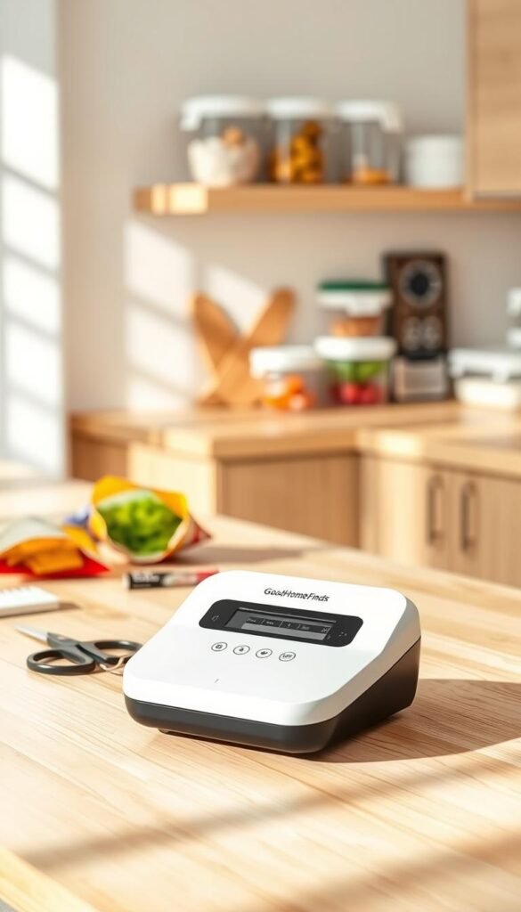 A sleek, modern ROMSTO Mini Bag Sealer positioned prominently in the foreground, showcasing its compact design and user-friendly interface with vibrant buttons. The device is set against a clean, minimalist kitchen countertop made of light wood for a warm ambiance. In the middle ground, partially open bags of chips and frozen vegetables emphasize the product's utility, with a few scattered items like a pair of scissors and a notepad to imply organization. The background features softly blurred kitchen shelves with neatly organized food containers for a homely touch. The scene is well-lit with natural sunlight streaming in, creating a bright and inviting atmosphere. Capture the setting at a slight angle to draw the viewer's eye, and subtly include the brand name "GoodHomeFinds" on the product for branding consistency.