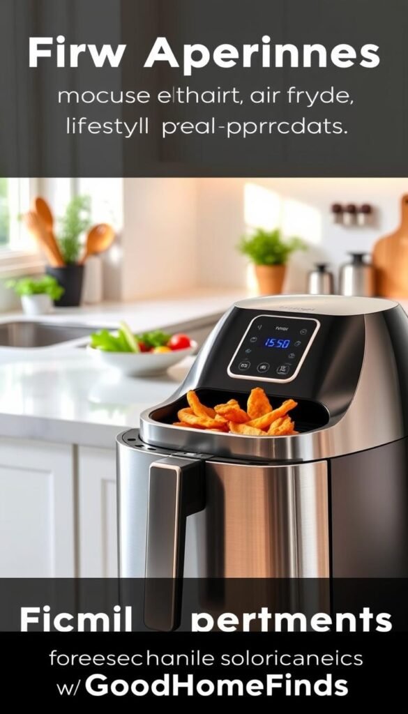A sleek, modern air fryer sits prominently in a bright, contemporary kitchen. The foreground features the air fryer with a polished stainless steel finish, showcasing its digital display and crisp black buttons. In the middle background, a bright marble countertop is adorned with fresh vegetables and a bowl of crispy air-fried snack, emphasizing the capabilities of the device. Soft, natural light filters in from a nearby window, creating a warm, inviting atmosphere. The kitchen is styled with minimalist decor, including potted herbs and utensils neatly arranged. This Pinterest-style lifestyle image exudes a sense of homey practicality, perfect for small apartments, aligning with GoodHomeFinds' modern aesthetic.