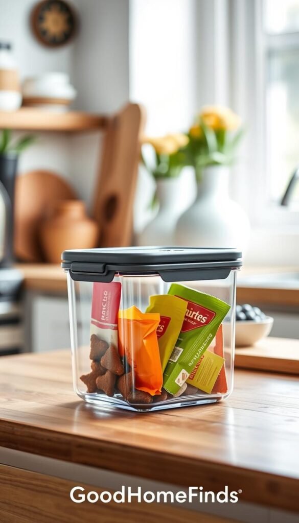 A sleek, modern airtight storage container sits prominently on a rustic wooden kitchen counter, showcasing its transparent design that highlights its contents&mdash;various pet treats in vibrant, colorful packaging. Soft, diffused natural light filters through a nearby window, creating a warm and inviting atmosphere. In the background, blurred elements of a cozy kitchen scene can be seen, like potted herbs and stylish kitchenware, suggesting a lived-in space. The focus is on the container's secure lid and silicone seal, emphasizing its durability and ease of maintenance. The overall mood conveys practicality and style, suitable for pet owners looking for efficient storage solutions. The image reflects the brand "GoodHomeFinds," embodying a blend of functionality and aesthetics.