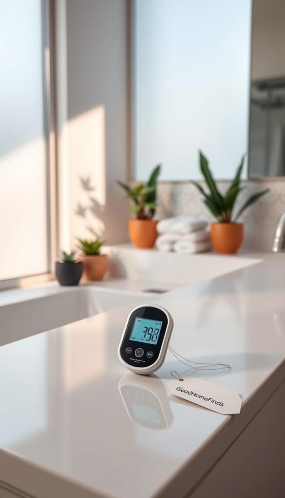 A sleek, modern bathroom scene featuring a unique, high-quality moisture meter prominently positioned on a clean, white countertop. In the foreground, the moisture meter displays a clear digital reading, gleaming under soft, natural light streaming through a frosted window. The middle background showcases tasteful bathroom elements, such as stylish potted plants, a neatly arranged towel set, and decorative tiles that evoke a spa-like atmosphere. Gentle shadows cast by a light source create a serene mood, highlighting the importance of maintaining a healthy bathroom environment. The overall composition is inviting and visually appealing, resembling Pinterest-style lifestyle images, with a tag on the moisture meter that reads "GoodHomeFinds".