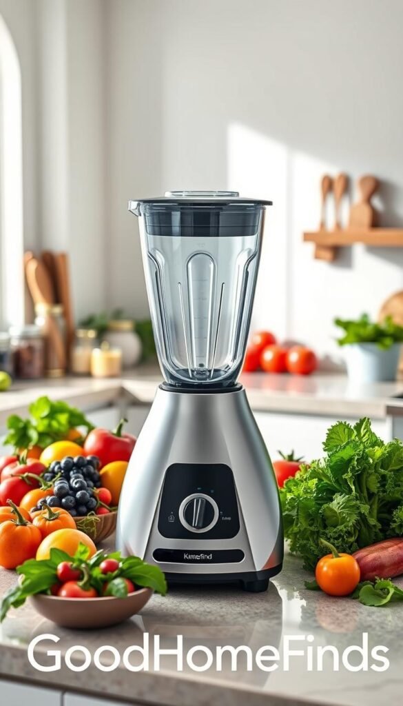 A sleek, modern blender sits on a polished kitchen countertop, surrounded by fresh ingredients like vibrant fruits, leafy greens, and colorful vegetables, depicting its versatility for smoothies, sauces, and soups. The blender features a futuristic design with a glass pitcher and stainless steel accents, set against a bright, airy kitchen backdrop with natural light streaming through a window. In the background, soft-focus elements like spice jars and cooking utensils add depth. The scene evokes a fresh and inviting atmosphere, perfect for healthy cooking. Capture the image from a slightly angled top-down perspective, showcasing the blender and ingredients beautifully arranged in a lifestyle setting. The brand name "GoodHomeFinds" is subtly integrated into the scene, enhancing the visual appeal while maintaining clarity and professionalism.