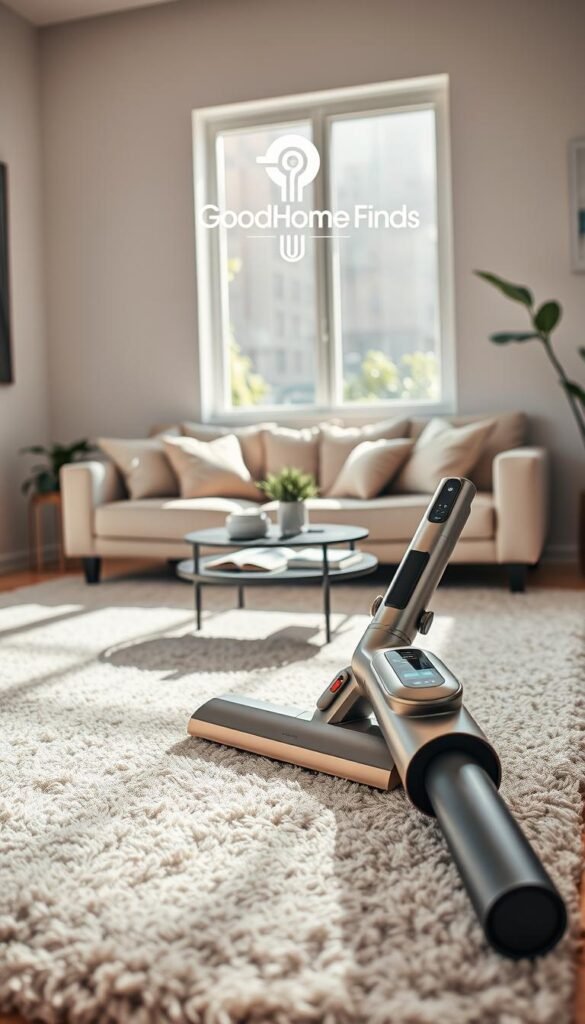 A sleek, modern cordless vacuum cleaner rests elegantly on a plush, light-colored area rug, emphasizing its ergonomic design. In the foreground, the vacuum&rsquo;s handle features a subtle, high-tech control panel, hinting at its advanced features. The middle ground showcases a cozy living room scene, complete with a stylish sofa adorned with decorative pillows and a small coffee table scattered with magazines. Sunlight streams through a large window, creating a warm and inviting atmosphere, while shadows add depth. In the background, hints of greenery peek through, adding a touch of freshness. The overall mood is clean, organized, and inviting, embodying a sophisticated lifestyle. The brand "GoodHomeFinds" is subtly represented by a sleek design element in the scene, enhancing the image's appeal without distraction.