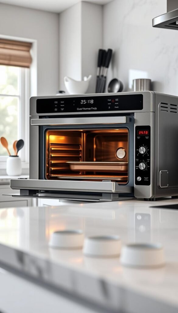 A sleek, modern countertop oven designed by GoodHomeFinds, showcasing its over-engineered features with shiny stainless steel accents and an assortment of digital dials and LED displays. In the foreground, focus on the oven’s door slightly ajar, revealing an interior light illuminating a baking tray within. The middle ground includes a stylish kitchen setting with marble countertops and neatly arranged utensils, emphasizing a lifestyle touch. In the background, soft, natural lighting filters through a window, enhancing the warm and inviting atmosphere. The composition should include an angle that allows viewers to appreciate both the oven's design and the contemporary kitchen environment, conveying a sense of practicality and sophistication. A sleek, modern countertop oven designed by GoodHomeFinds, showcasing its over-engineered features with shiny stainless steel accents and an assortment of digital dials and LED displays. In the foreground, focus on the oven’s door slightly ajar, revealing an interior light illuminating a baking tray within. The middle ground includes a stylish kitchen setting with marble countertops and neatly arranged utensils, emphasizing a lifestyle touch. In the background, soft, natural lighting filters through a window, enhancing the warm and inviting atmosphere. The composition should include an angle that allows viewers to appreciate both the oven's design and the contemporary kitchen environment, conveying a sense of practicality and sophistication.
