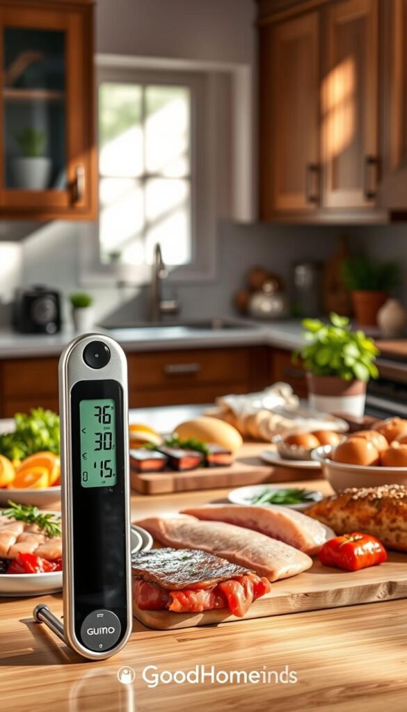 A sleek, modern digital kitchen thermometer stands prominently in the foreground, showcasing a clear, glowing display of temperature readings. The thermometer, designed in stainless steel and high-grade plastic, reflects ambient light subtly, emphasizing its high-tech features. In the middle ground, a beautifully arranged kitchen countertop features fresh ingredients, such as steaks, fish fillets, and baked goods, demonstrating the versatility of the thermometer. The background features soft-focus kitchen elements like wooden cabinets and herbs in pots, creating a warm and inviting atmosphere. Soft, natural lighting streams in from a window, casting gentle shadows that enhance the kitchen's inviting feel. This lifestyle image captures the essence of blending technology with culinary arts, reflecting the brand "GoodHomeFinds" as it showcases the must-have tools for precise cooking.