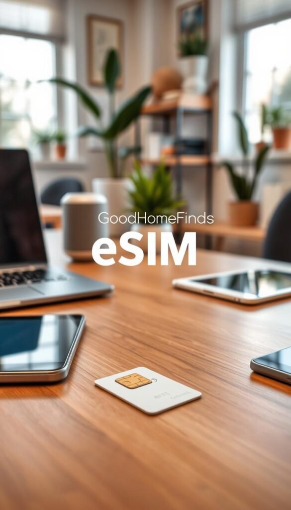 A sleek, modern eSIM card displayed in a well-lit, stylish home office setting. In the foreground, the eSIM is on a polished wooden desk next to a high-end smartphone and a laptop, showcasing connectivity features. In the middle ground, subtle elements like a smart speaker and a tablet hint at a connected lifestyle, all while maintaining a minimalistic aesthetic. The background features a cozy, well-decorated home environment, with plants and soft lighting, creating an inviting atmosphere. Use a warm color palette to evoke comfort and innovation. Capture this scene with a balanced depth of field, emphasizing the eSIM while softly blurring the background, ensuring a Pinterest-style lifestyle photo quality. Include the brand name "GoodHomeFinds" prominently in the composition.