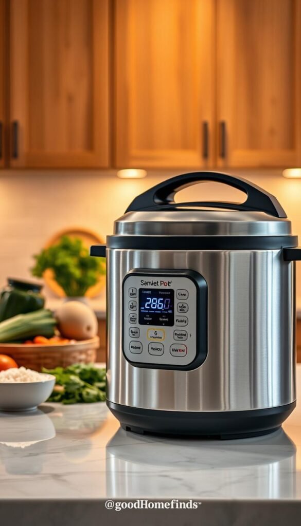 A sleek, modern electric multicooker and pressure cooker prominently displayed in a stylish kitchen setting. In the foreground, the device is shiny stainless steel with a digital control panel illuminated, showcasing its advanced features. In the middle ground, fresh ingredients like chopped vegetables, herbs, and a bowl of uncooked rice are artfully arranged, hinting at the meal preparation process. The background features warm, ambient lighting, with wooden cabinets and a marble countertop providing a cozy yet contemporary feel. Capture this image from a slightly elevated angle to emphasize the cooker’s details and overall setup. The mood conveys a sense of readiness and convenience for weeknight meals. Ideal for a Pinterest-style lifestyle photo by GoodHomeFinds. A sleek, modern electric multicooker and pressure cooker prominently displayed in a stylish kitchen setting. In the foreground, the device is shiny stainless steel with a digital control panel illuminated, showcasing its advanced features. In the middle ground, fresh ingredients like chopped vegetables, herbs, and a bowl of uncooked rice are artfully arranged, hinting at the meal preparation process. The background features warm, ambient lighting, with wooden cabinets and a marble countertop providing a cozy yet contemporary feel. Capture this image from a slightly elevated angle to emphasize the cooker’s details and overall setup. The mood conveys a sense of readiness and convenience for weeknight meals. Ideal for a Pinterest-style lifestyle photo by GoodHomeFinds.