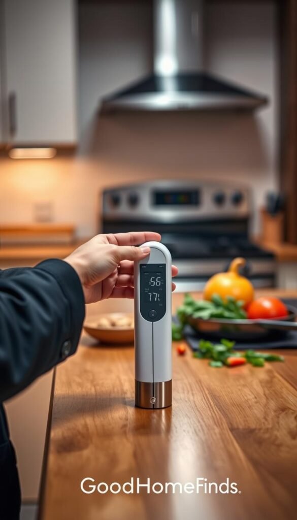 A sleek, modern food temperature sensor prominently displayed on a polished wooden kitchen countertop, featuring a digital display that shows precise temperature readings. In the foreground, a pair of hands gently holding the sensor, clad in professional business attire, symbolizing kitchen safety technology. In the middle ground, fresh ingredients such as herbs and vegetables arranged artfully, subtly suggesting they are being prepared for a meal. In the background, softly blurred kitchen appliances, including an oven and a stovetop, illuminated by warm overhead lighting that creates a welcoming atmosphere. The focus sharpens on the sensor, with a shallow depth of field that emphasizes its importance in everyday cooking. Capture this image in a lifestyle photography style, evoking a sense of safety and innovation in the kitchen, branded with "GoodHomeFinds."
