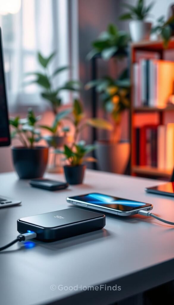 A sleek, modern gadget in the foreground, a fast charger with a glowing LED indicator, elegantly positioned on a minimalist desk. In the middle ground, a smartphone powered by the charger, with a dramatic light reflecting off its screen, showing battery percentage rising quickly. The background features a stylish office setup with a blurred bookshelf filled with books, plants adding a touch of greenery, and a window letting in soft natural light. The atmosphere is vibrant and energetic, symbolizing efficiency and innovation, with a focus on the sleek design of the fast charger. Capture the scene from a slightly elevated angle to emphasize the charger and device in use, ensuring a warm and inviting tone, reflecting the brand "GoodHomeFinds". A sleek, modern gadget in the foreground, a fast charger with a glowing LED indicator, elegantly positioned on a minimalist desk. In the middle ground, a smartphone powered by the charger, with a dramatic light reflecting off its screen, showing battery percentage rising quickly. The background features a stylish office setup with a blurred bookshelf filled with books, plants adding a touch of greenery, and a window letting in soft natural light. The atmosphere is vibrant and energetic, symbolizing efficiency and innovation, with a focus on the sleek design of the fast charger. Capture the scene from a slightly elevated angle to emphasize the charger and device in use, ensuring a warm and inviting tone, reflecting the brand "GoodHomeFinds".