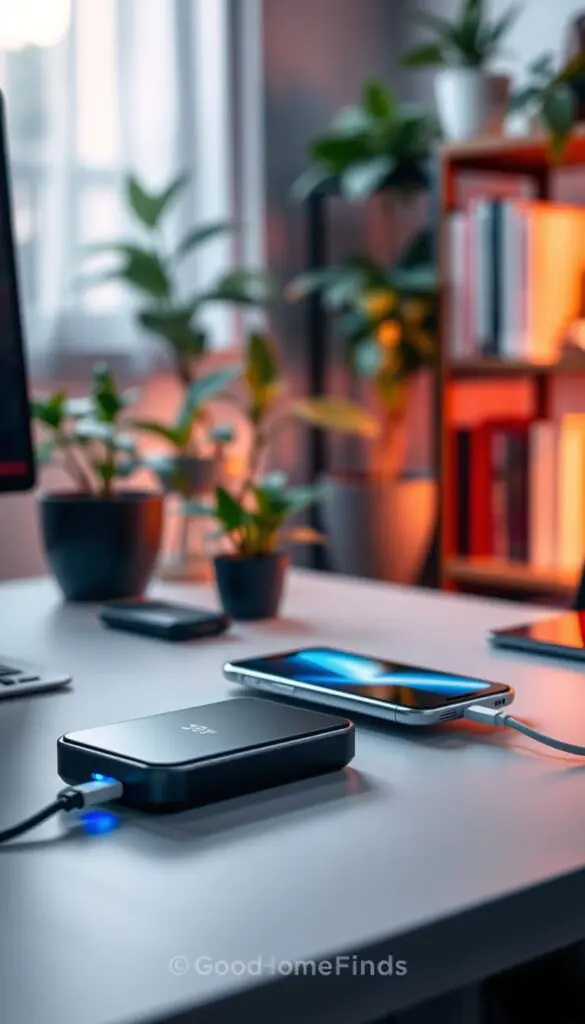 A sleek, modern gadget in the foreground, a fast charger with a glowing LED indicator, elegantly positioned on a minimalist desk. In the middle ground, a smartphone powered by the charger, with a dramatic light reflecting off its screen, showing battery percentage rising quickly. The background features a stylish office setup with a blurred bookshelf filled with books, plants adding a touch of greenery, and a window letting in soft natural light. The atmosphere is vibrant and energetic, symbolizing efficiency and innovation, with a focus on the sleek design of the fast charger. Capture the scene from a slightly elevated angle to emphasize the charger and device in use, ensuring a warm and inviting tone, reflecting the brand "GoodHomeFinds".