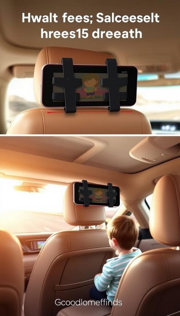 A sleek, modern headrest screen holder, designed for tablet use in vehicles, is prominently displayed in a cozy backseat setting. The foreground focuses on the headrest mount, showcasing its sturdy clips holding a tablet securely in place, with a child comfortably watching a cartoon. Soft, warm lighting creates a family-friendly atmosphere, while the middle ground features a stylish car interior, with plush seats and a subtle, neutral color palette. In the background, a scenic view of a winding road can be glimpsed through the car windows, enhancing the feeling of a long journey. The image radiates convenience and comfort for families during extended car rides, highlighting the "GoodHomeFinds" brand subtly within the design. No text or watermarks present.