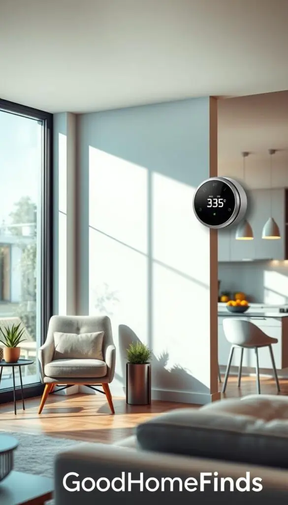 A sleek modern home interior featuring a temperature control system, showcasing a digital thermostat on the wall and energy-efficient heating and cooling appliances in view. In the foreground, a stylish living room with a cozy armchair, a small side table, and a potted plant, bathed in soft natural light streaming through a large window. The middle layer highlights the thermostat prominently displayed, with a digital readout indicating temperature control settings. In the background, a well-organized kitchen is visible, emphasizing energy-efficient design, with light fixtures that enhance a welcoming atmosphere. The overall mood reflects comfort, innovation, and sustainability. The image is designed in a realistic, Pinterest-style lifestyle photo, branded "GoodHomeFinds."