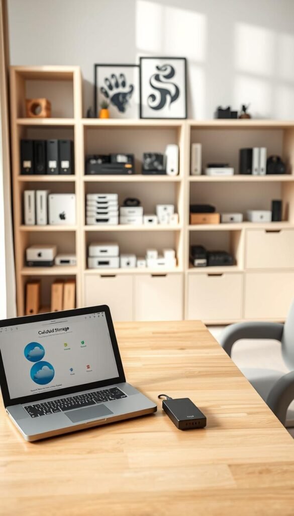 A sleek, modern home office setting featuring a high-tech storage solution for digital files and data. In the foreground, an elegant desk made of light wood holds a stylish, open laptop displaying cloud storage options alongside a compact external hard drive with a matte finish. The middle ground showcases a minimalist shelving unit filled with neatly organized digital storage devices, including USB drives, SSDs, and neatly labeled boxes with tech accessories. In the background, a soft-focus view of a wall with tasteful digital art adds a tech-savvy ambiance. Natural light filters in through a large window, creating a warm, inviting atmosphere. The scene reflects a premium, sophisticated approach to digital storage, emphasizing organization and modernity. Capture this lifestyle image in a Pinterest-style, reflecting professionalism and design aesthetics, inspired by the brand "GoodHomeFinds".