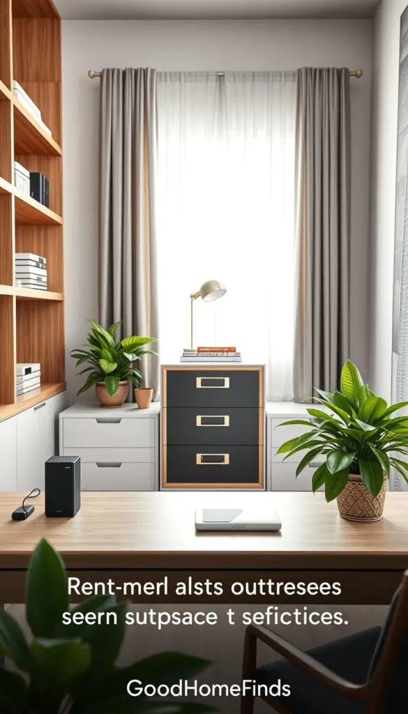 A sleek, modern home office space showcasing premium storage upgrades, with elegant wooden shelves displaying neatly organized storage boxes and stylish decorative items. In the foreground, a minimalist desk features a high-end external hard drive and a wireless charging station, surrounded by green houseplants for freshness. The middle of the image should highlight a contemporary filing cabinet with metallic accents, topped with a tasteful lamp and books. The background reveals a bright window with sheer curtains, allowing soft, natural light to illuminate the scene, creating a warm and inviting atmosphere. The image should convey sophistication and practicality, ideal for renters seeking stylish storage solutions. Please include a subtle branding element representing "GoodHomeFinds", without any text overlays or watermarks.