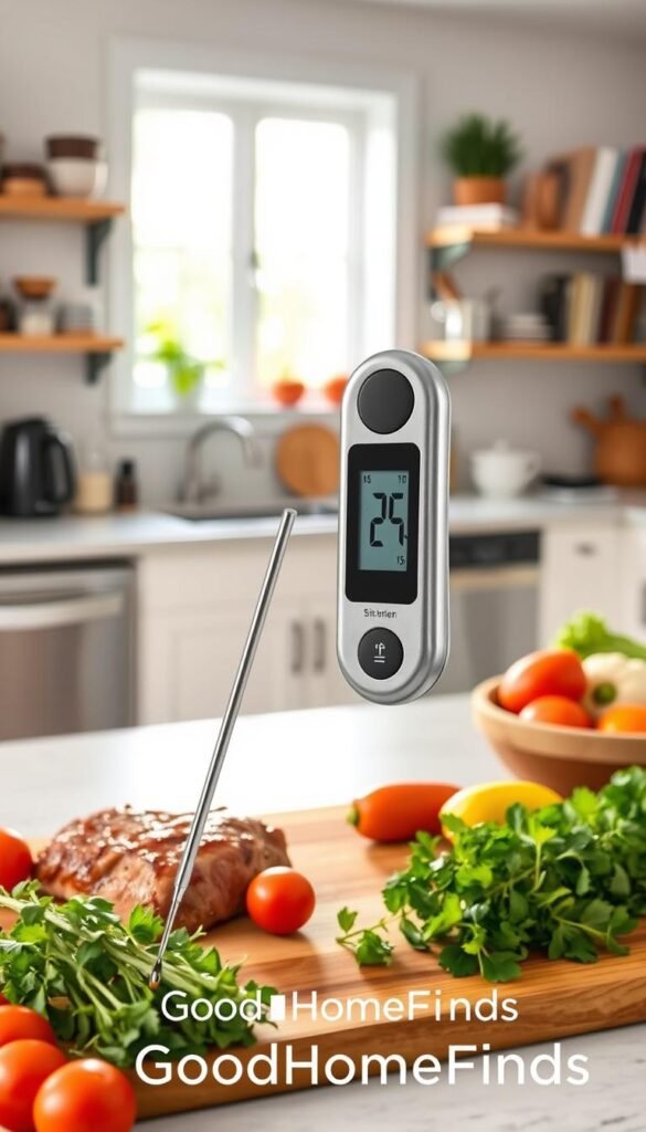 A sleek, modern instant-read thermometer displayed prominently in a bright, inviting kitchen setting. The thermometer should be stainless steel with a digital screen, showcasing the temperature reading for a perfectly cooked piece of meat or a delicate dessert. In the foreground, include a wooden cutting board with fresh herbs and a colorful assortment of vegetables, emphasizing the kitchen's practical use. The background should feature softly blurred shelves filled with kitchen gadgets and cookbooks, creating a cozy atmosphere. Use natural light streaming through a window to illuminate the scene, capturing a warm and homey vibe that reflects real-life kitchens. The brand name "GoodHomeFinds" subtly incorporated in the image design.